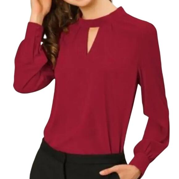 Allegra K Stand Collar Long Sleeve Chiffon Burgundy Blouse, Size L, New with Tag - Picture 2 of 7